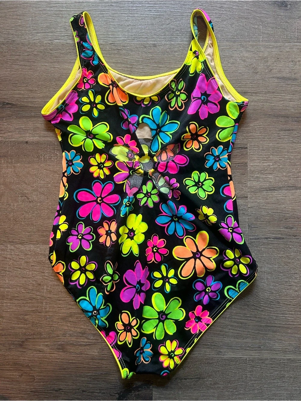 La Blanca Girls One Piece Swimsuit Size 16 Black Neon Floral Yellow Trim